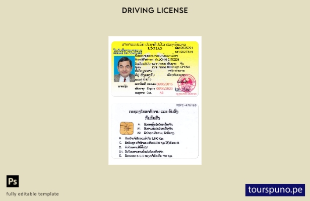 Plantilla de licencia de conducir de Laos lista para imprimir